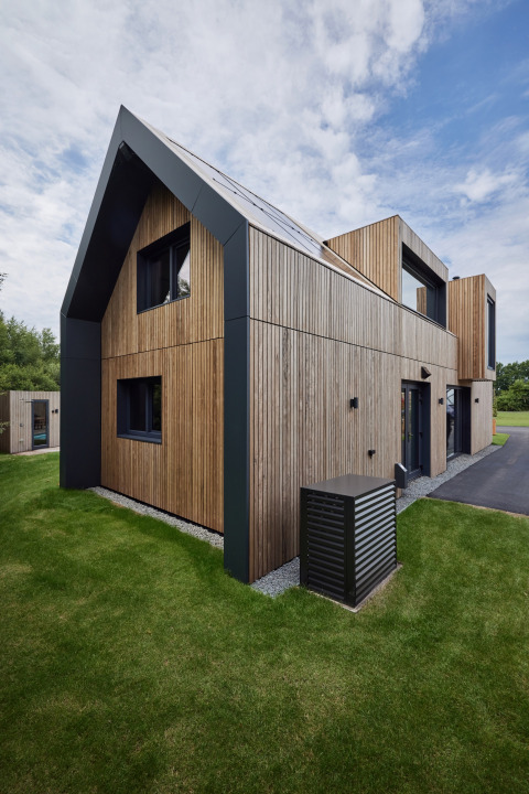 Moderne houten vakantiewoning met zwarte accenten in Brinckerduyn, Friesland, Nederland, op groene grasmat.