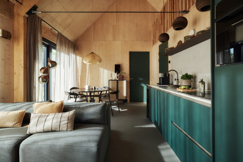Modern ingerichte vakantiewoning in Brinckerduyn, Friesland, met groene accenten en houten interieur.