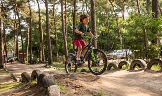 Joven en bicicleta de montaña en pista de bicicross, parque familiar Goolderheide, Bocholt.