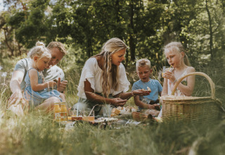 Gezin geniet van een picknick in het gras bij Beerze Bulten, een vakantiepark in Overijssel, Nederland.