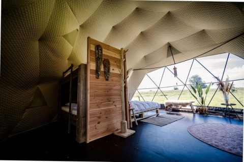 Vista interior de Cast Away Dome en TinyParks Cast Away, con cama, plantas y gran ventana escénica.