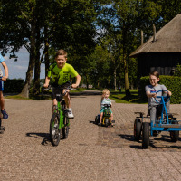 Kinderen fietsen en spelen op een zonnige straat bij Den Ham, Overijssel, Nederland, met bomen op de achtergrond.