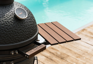 Barbecue in ceramica con termometro e tavolino in legno vicino alla piscina a De Weelderik, Gelderland.