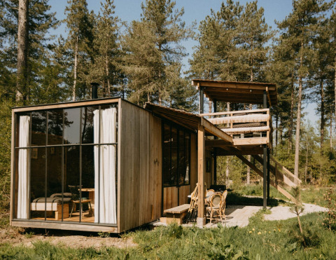 Moderna cabaña de madera llamada Treetrunk en Cosy Cabins, bosque de Limburg, Bélgica, con amplios ventanales.