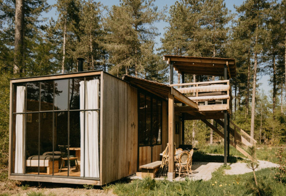 Een moderne houten lodge, Treetrunk van Cosy Cabins, in het Limburgse bos in België met grote ramen.