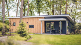 Villa tipo lodge moderna Forest Villa en el parque Ackersate en Países Bajos, rodeada de árboles y césped.