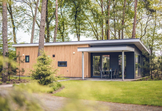Villa tipo lodge moderna Forest Villa en el parque Ackersate en Países Bajos, rodeada de árboles y césped.