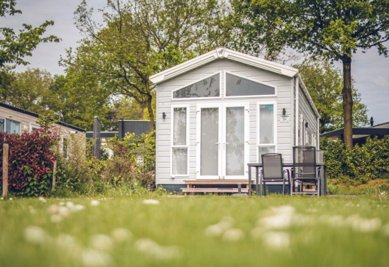 Tiny house bij Holiday park Ackersate in Nederland, omringd door natuur en een buitenterras.