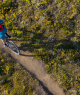 Vista aérea de una persona en bicicleta recorriendo un sendero de tierra rodeado de vegetación en un parque.
