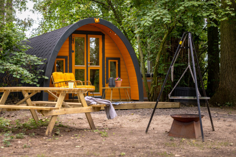Et hyggeligt glampingpod med træbænk, bålplads og gyngestol i et grønt skovområde i Gelderland.