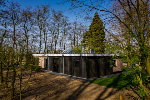 Modern holiday cabin at Buitengoed Ruysbos, surrounded by trees in Gelderland, Netherlands.