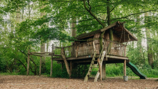 Casa en el árbol con tobogán en zona boscosa del parque vacacional Buitengoed Ruysbos, Gelderland, Países Bajos.