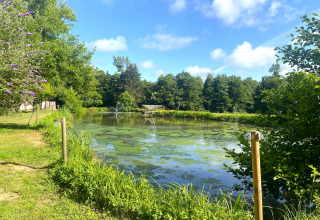 Zonnig uitzicht op een vijver met groen rondom, bomen en enkele bloemen bij Moulin du Pommier Glamping & Camping.