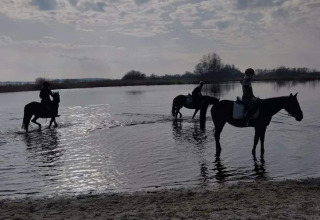 Trois cavaliers à cheval traversent l'eau peu profonde au Camping Eefting, Friesland, sous un ciel nuageux.