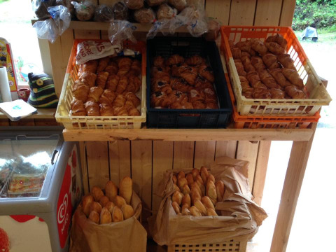 Frisch gebackene Brote und Croissants auf Holzregalen im Camping Les Bouleaux, Grand Est, Frankreich.