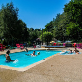 Zwemmende gasten in het zwembad van Camping Les Bouleaux, Grand Est, Frankrijk, omringd door natuur.