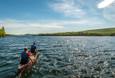 Couple in a canoe toward the sunset