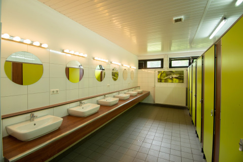 Sanitary building inside Camping Donnersberg in Gerbach, Rheinland-Pfalz, Germany