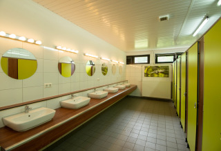 Sanitary building inside Camping Donnersberg in Gerbach, Rheinland-Pfalz, Germany