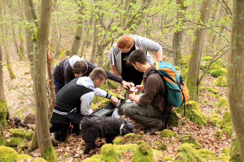 Groep mensen en een hond zijn aan geocaching in een met mos begroeid bos, Camping Donnersberg, Duitsland.