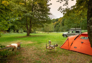 Tent on camping field Camping Donnersberg in Gerbach, Rhineland-Palatinate, Germany