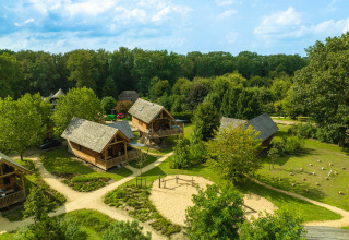 Vakantiehuisjes met rieten daken in het groene vakantiepark Sandberghe, Noord-Brabant, Nederland.