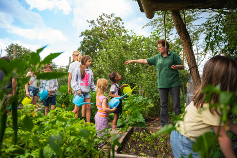 Kinderen leren tuinieren onder begeleiding van een volwassene in een groene tuin in Sandberghe, Noord-Brabant.