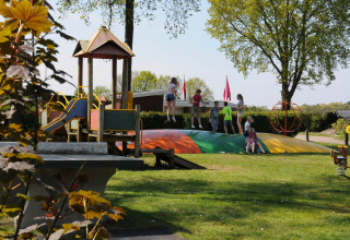 Kinderen spelen op een kleurrijk springkussen en speeltuin bij Camping de Meibeek in Gelderland.