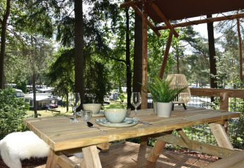 Tavolo da picnic in legno alla Veluwe Lodge, Camping Samoza, Paesi Bassi, tra alberi e natura.