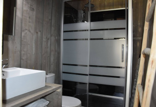 Baño moderno en Veluwe Lodge de Camping Samoza, Países Bajos, con ducha, inodoro y lavabo visibles.