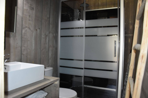 Modern bathroom at Veluwe Lodge, Camping Samoza in the Netherlands, featuring shower, toilet, and sink.