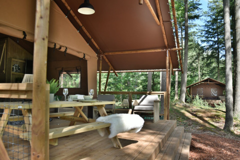 Terraza de madera en Veluwe Lodge de Camping Samoza rodeada de bosque en los Países Bajos.