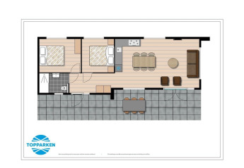 Plattegrond van een glamping accommodatie met twee slaapkamers, badkamer, keuken, woonkamer en terras.