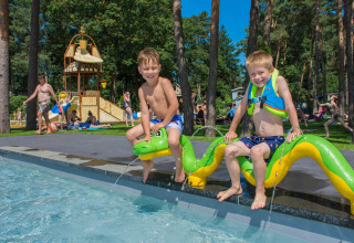 Twee jongens spelen op slangvormige waterfonteinen bij het zwembad in Camping Samoza, Gelderland, Nederland.
