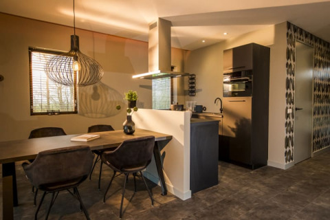 Cocina y comedor modernos con iluminación elegante en Modus Lodge, Bad Hoophuizen, Países Bajos.