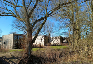 Moderne Tiny House-lodge in Bad Hoophuizen, Nederland, omgeven door kale bomen en een blauwe lucht.