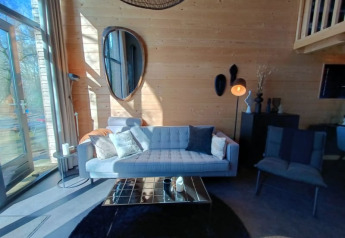 Moderne stue i Tiny House ved Bad Hoophuizen, Holland, med trævægge, stor sofa og glasvæg.