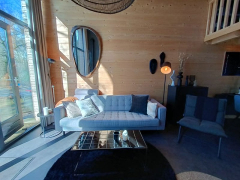 Gezellige woonkamer in Tiny House bij Bad Hoophuizen, Nederland, met houten muren en grote ramen.