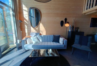 Soggiorno luminoso in Tiny House a Bad Hoophuizen, Paesi Bassi, con pareti in legno e divano moderno.