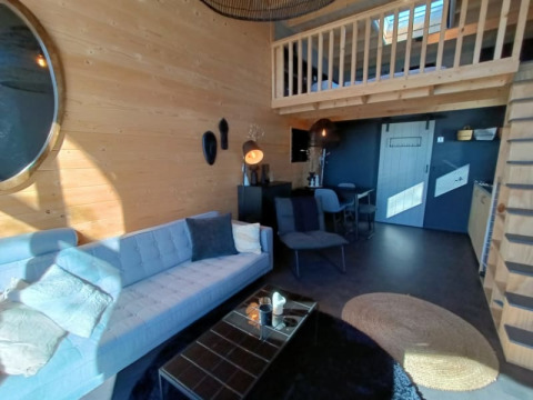 Moderne opholdsstue i Tiny House på Bad Hoophuizen i Holland med loftsrum, trappe og træbeklædning.