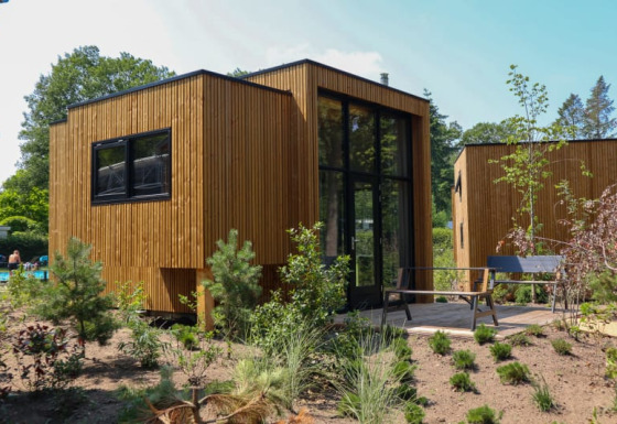 Moderno lodge in legno con ampie finestre e terrazza, circondato da vegetazione e alberi verdi.