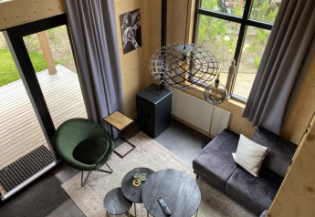 Zicht op de woonkamer van Tiny House bij Bad Hoophuizen, Nederland, met eigentijdse inrichting en grote ramen.