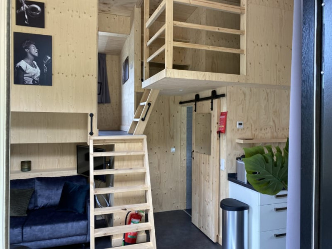 Interior de una Tiny House en Bad Hoophuizen, Países Bajos, con altillo y paredes de madera clara.