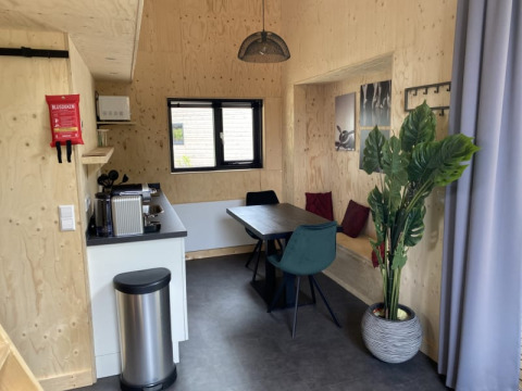 Modern tiny house interieur bij Bad Hoophuizen in Nederland, met keuken, eethoek en grote plant.