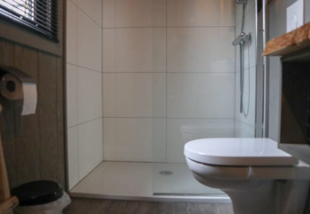 Baño moderno con inodoro, ducha y suelo de madera en una Tiny House en Bad Hoophuizen, Países Bajos.