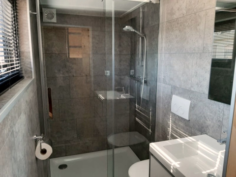 Salle de bain moderne et compacte avec douche en verre, toilettes et lavabo dans une tiny house à Bad Hoophuizen, Pays-Bas.