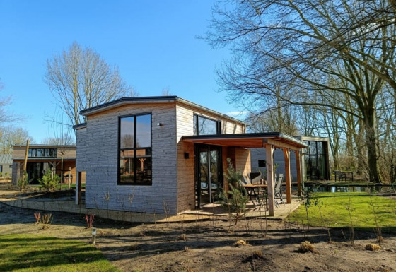 Foto de una tiny house moderna con fachada de madera y grandes ventanales, rodeada de árboles y sol.