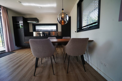 Comedor moderno y cocina en la cabaña Modus XL en Bad Hoophuizen, Países Bajos, con interior elegante.