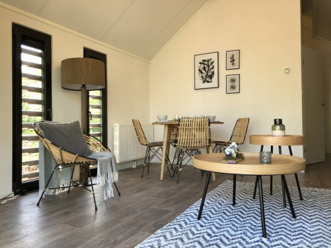 Sala de estar moderna en lodge Beach House en Bad Hoophuizen, Países Bajos, con zona de comedor y decoración natural.