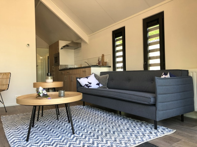 Wohnzimmer im Beach House, Bad Hoophuizen, Niederlande, mit grauem Sofa, Holz-Tischen und moderner Deko.